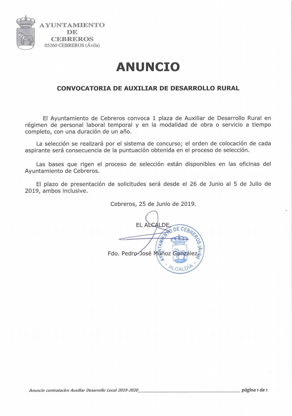 CONVOCATORIA PARA LA CONTRATACIÓN DE AUXILIAR DE DESARROLLO RURAL