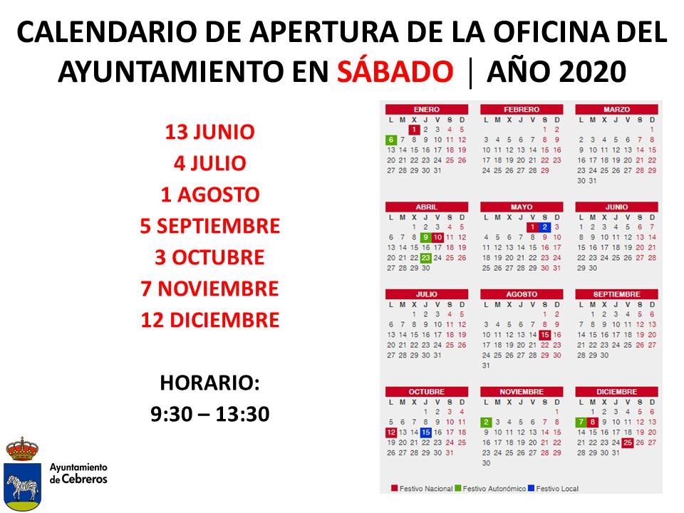 CALENDARIO DE APERTURA DEL AYUNTAMIENTO LOS SÁBADOS