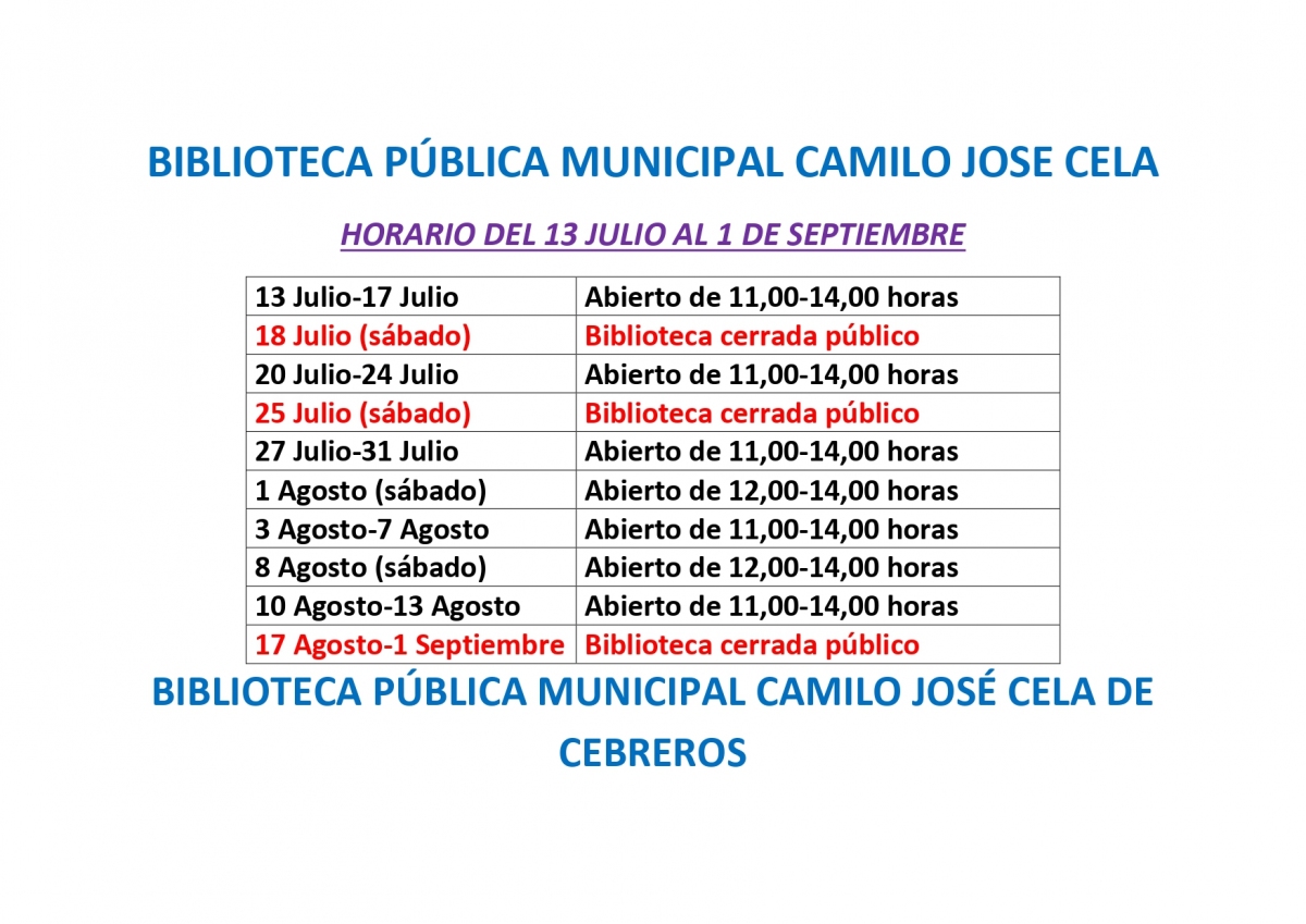 HORARIOS BIBLIOTECA MUNICIPAL (JULIO Y AGOSTO)