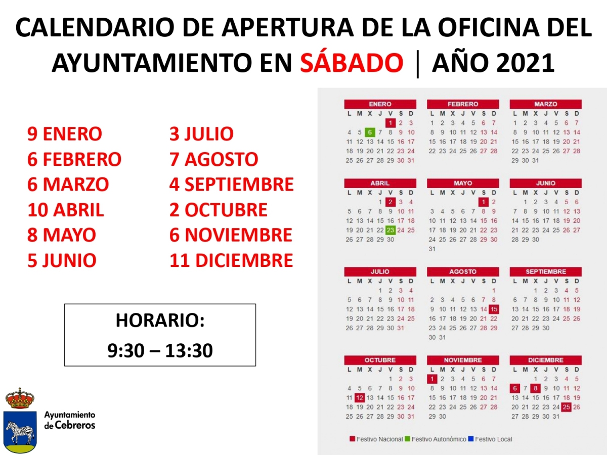 CALENDARIO DE APERTURA AYUNTAMIENTO SÁBADOS 2021