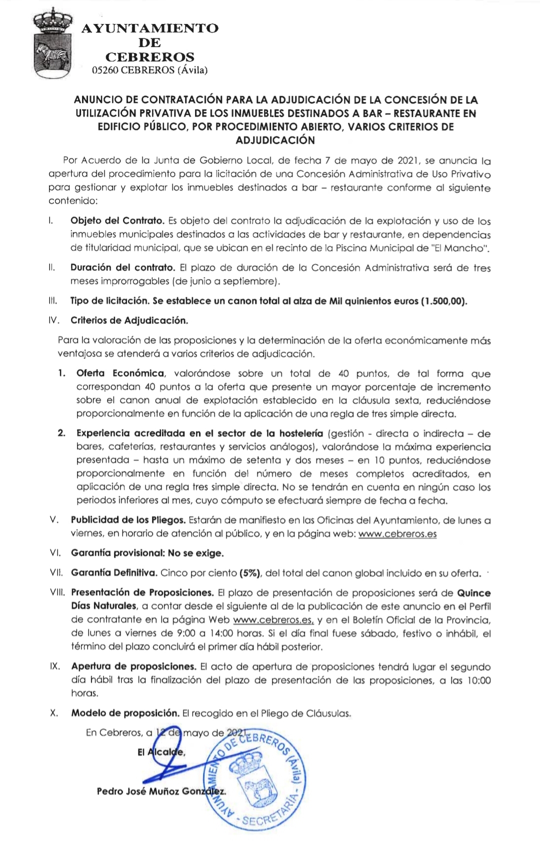 ANUNCIO DE CONTRATACIÓN PARA LA ADJUDICACIÓN DE LA CONCESIÓN DEL BAR DE LA PISCINA