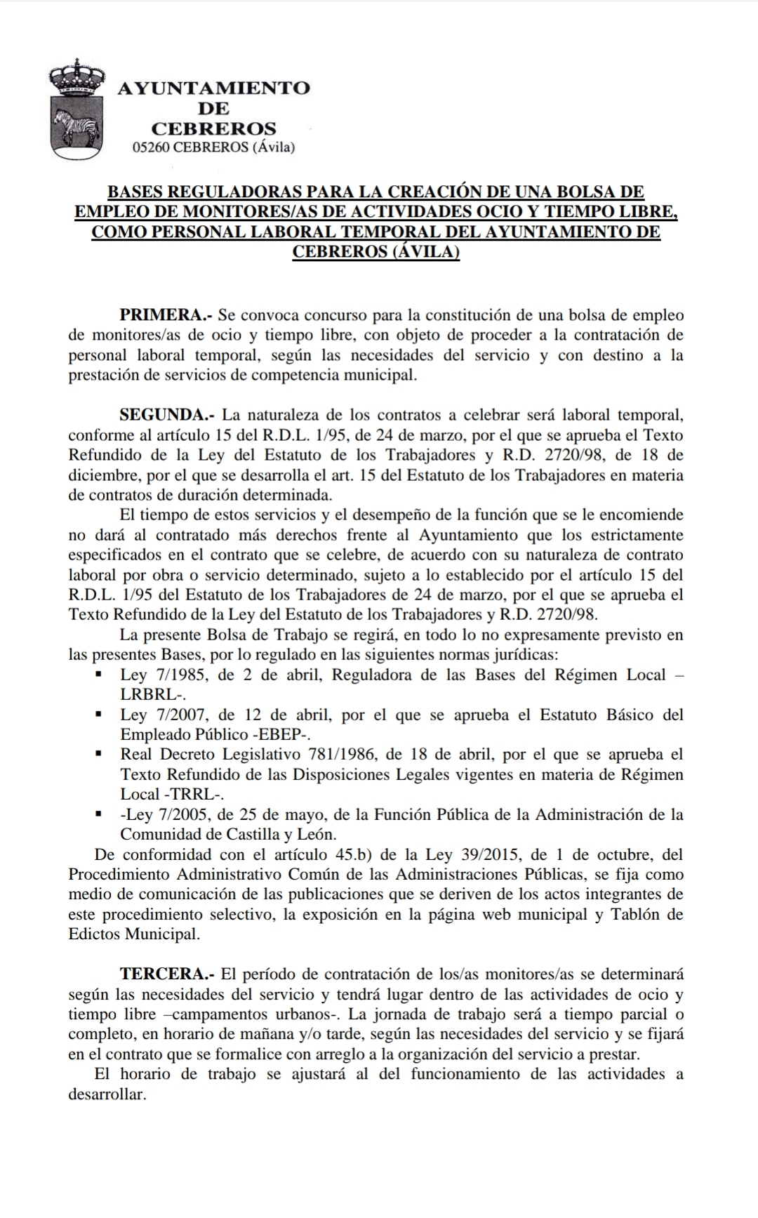 BASES PARA LA CREACIÓN DE UNA BOLSA DE EMPLEO DE MONITORES DE OCIO Y TIEMPO LIBRE