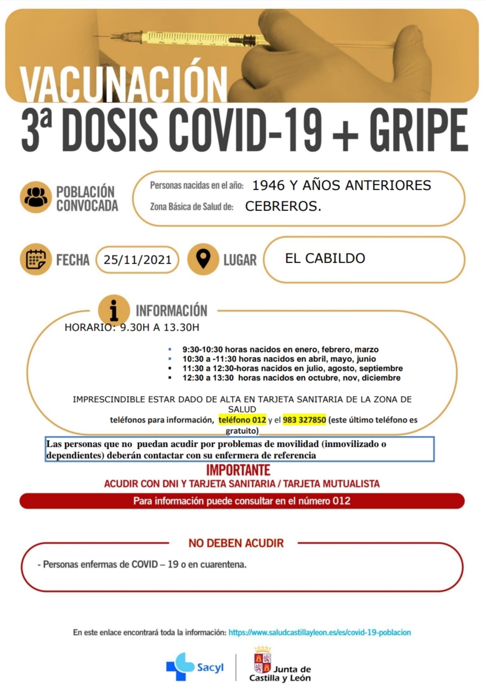 VACUNACIÓN 3ª DOSIS COVID-19 + GRIPE: NACIDOS EN 1946 Y AÑOS ANTERIORES