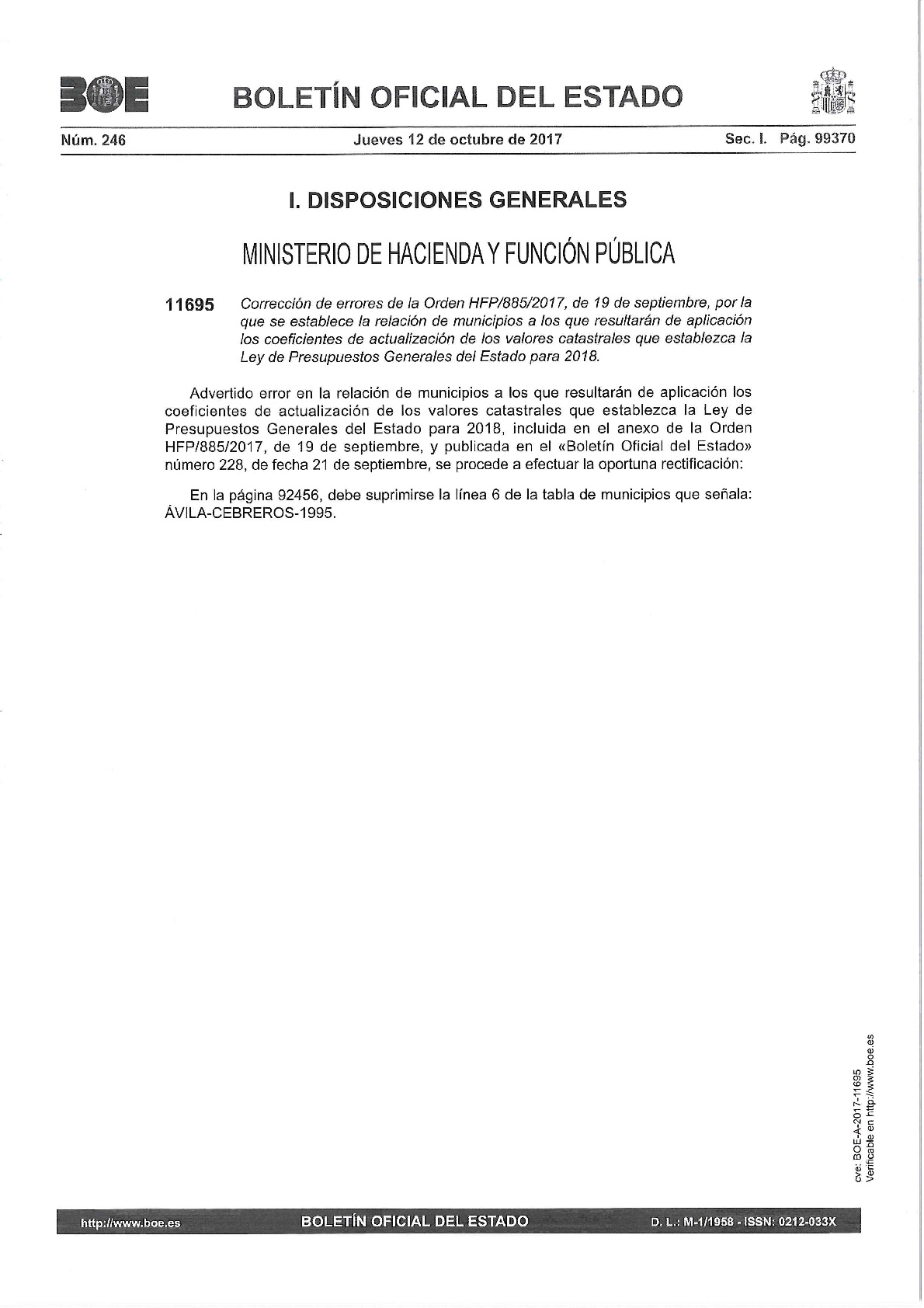 COMUNICADO SOBRE LA SUBIDA DE VALOR CATASTRAL EN 2018 (RECTIFICACIÓN BOE)