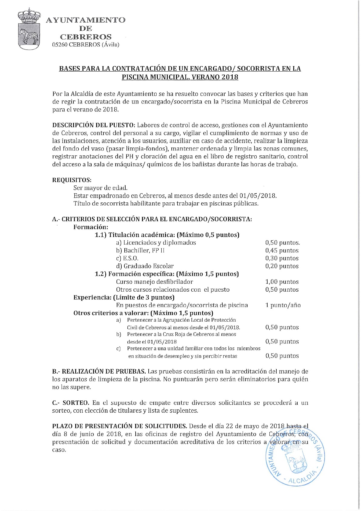 BASES DE CONTRATACIÓN ENCARGADO/A SOCORRISTAS